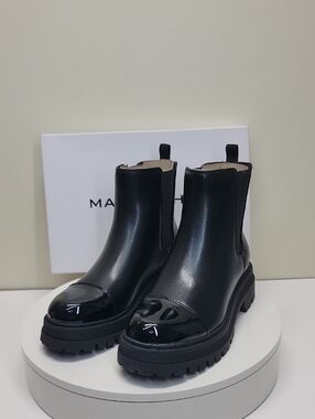 Marc Fisher NEW IN BOX Black Patent Cap-Toe Chelsea Lug Boots